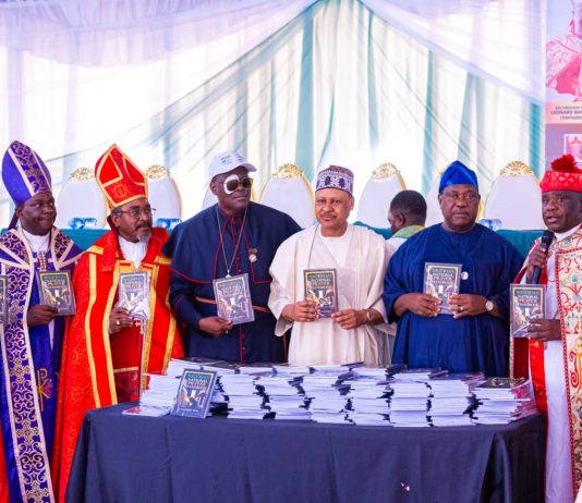 *GRAND FINALE OF THE 2026 SYNOD OF THE CHARISMATIC BISHOPS CONFERENCE OF NIGERIA* (R–L): President-General, Charismatic Bishops Conference of Nigeria, Archbishop Leonard Bature Kawas; representative of the President and Commander-in-Chief of the Armed Forces and the Secretary to the Government of the Federation, Senator George Akume, CON; Honourable Minister of Information and National Orientation, Mohammed Idris, FNIPR; representative of the First Lady of the Federal Republic of Nigeria; and National Chairman, Lagos State CAN, Bishop (Dr.) Stephen Adegbite, during the unveiling of the book Nigerian National Prayer Handbook, authored by Archbishop, Prof. Leonard Bature Kawas, at the Grand Finale of the 2026 Synod of the Charismatic Bishops Conference of Nigeria, on September 9, 2026, in Abuja. Photo: Khalid Ahmed/FMINO