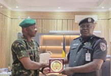 Delta CP Plays Host To 63 Brigade Commander L-R: Brigadier General Ibrahim Buhari, Commander 63 Brigade And CP. Samuel Etaifo Erale psc mnips, CP Delta State Police Command Asaba During The Visit To CP's Office.