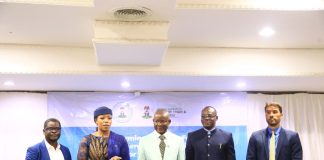 The Minister of State (Industry) FMITI, Sen. John Owan Enoh, (middle) the Perm. Sec. FMITI, Dr. Chris Osa Isokpunwu (2nd right) , the SSA to the Vice President on Public Health, Mrs Uju Vanstasia Anwukah (2nd left) the Executive Director, ATNi, Mr Greg Garrett, (1st right) and the CEO Improved Nutrition Advocacy Foundation, Dr. Adedotun Owolabi (1st right) during the Private Sector High Level Roundtable Engagement on Nutrition 774 Initiative, held in Abuja on Wednesday 16th Sept. 2026.