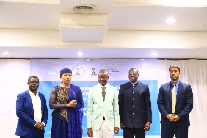 The Minister of State (Industry) FMITI, Sen. John Owan Enoh, (middle) the Perm. Sec. FMITI, Dr. Chris Osa Isokpunwu (2nd right) , the SSA to the Vice President on Public Health, Mrs Uju Vanstasia Anwukah (2nd left) the Executive Director, ATNi, Mr Greg Garrett, (1st right) and the CEO Improved Nutrition Advocacy Foundation, Dr. Adedotun Owolabi (1st right) during the Private Sector High Level Roundtable Engagement on Nutrition 774 Initiative, held in Abuja on Wednesday 16th Sept. 2026.