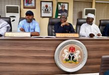 Middle: RMAFC Chairman, Dr. Mohammed Bello Shehu, OFR; 1st L: Hon. Amosun Akeem Akintayo, FC Ogun State; 2nd L: Secretary to the Commission, Comrade Tosin Adeyanju; 2nd R: Hon. Adamu Abdu Fanda, FC Kano State and Chairman, Crude Oil Monitoring Committee; 1st R: Hon. Oladele Gboyega, FC Osun State.