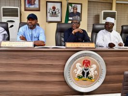 Middle: RMAFC Chairman, Dr. Mohammed Bello Shehu, OFR; 1st L: Hon. Amosun Akeem Akintayo, FC Ogun State; 2nd L: Secretary to the Commission, Comrade Tosin Adeyanju; 2nd R: Hon. Adamu Abdu Fanda, FC Kano State and Chairman, Crude Oil Monitoring Committee; 1st R: Hon. Oladele Gboyega, FC Osun State.