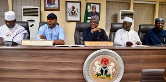 Middle: RMAFC Chairman, Dr. Mohammed Bello Shehu, OFR; 1st L: Hon. Amosun Akeem Akintayo, FC Ogun State; 2nd L: Secretary to the Commission, Comrade Tosin Adeyanju; 2nd R: Hon. Adamu Abdu Fanda, FC Kano State and Chairman, Crude Oil Monitoring Committee; 1st R: Hon. Oladele Gboyega, FC Osun State.