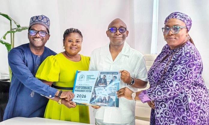 The Director-General/CEO, Bureau of Public Procurement (BPP), DR. Adebowale A. Adedokun, FCIPS receiving the PMS Document from the OHCSF Delegation.