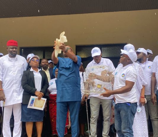 Chief of Staff Government House Hon Johnson Erijo Who Represented Delta State Governor His Excellency Rt Hon. Sheriff Oborevwori , Releasing Pigeons As Symbol Of Peace To Mark The Event