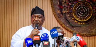 Chairman of the Inter-Ministerial Committee for Nigeria's 66 Independence Anniversary celebration and Secretary to the Government of the Federation, Sen. George Akume, CON, delivering the keynote address at the Nigeria's 66th Independence Anniversary World Press Conference on Thursday, 24th September, 2026 in Abuja.