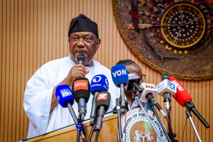 Chairman of the Inter-Ministerial Committee for Nigeria's 66 Independence Anniversary celebration and Secretary to the Government of the Federation, Sen. George Akume, CON, delivering the keynote address at the Nigeria's 66th Independence Anniversary World Press Conference on Thursday, 24th September, 2026 in Abuja.