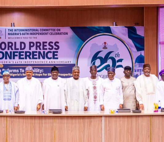 *WORLD PRESS CONFERENCE FOR NIGERIA’S 66TH INDEPENDENCE ANNIVERSARY* The Secretary to the Government of the Federation, Senator George Akume, CON, and the Honourable Minister of Information and National Orientation, Mohammed Idris, fnipr, joined other members of the Federal Executive Council and dignitaries at the World Press Conference organised to commemorate Nigeria’s 66th Independence Anniversary on September 24, 2026, in Abuja. Photo: Khalid Ahmed/FMINO.