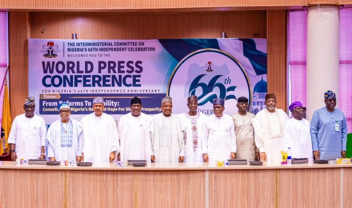 IMG-20260924-WA0080 *WORLD PRESS CONFERENCE FOR NIGERIA’S 66TH INDEPENDENCE ANNIVERSARY* The Secretary to the Government of the Federation, Senator George Akume, CON, and the Honourable Minister of Information and National Orientation, Mohammed Idris, fnipr, joined other members of the Federal Executive Council and dignitaries at the World Press Conference organised to commemorate Nigeria’s 66th Independence Anniversary on September 24, 2026, in Abuja. Photo: Khalid Ahmed/FMINO.