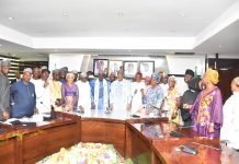 The Minister of Agriculture and Food Security, Sen Abubakar Kyari (C) , Minister of State for Agriculture and Food Security, Sen Dr Aliyu Sabi Abdullahi ( on the right hand side of the Hon. Minister and other stakeholders during the inauguration.