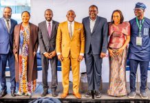 L-R: Khalil Suleiman Halilu, EVC/CEO, National Agency for Science and Engineering Infrastructure (NASENI); Engr. Abisoye Coker-Odusote, DG/CEO, National Identity Management Commission (NIMC); Kashifu Inuwa Abdullahi, DG/CEO, National Information Technology Development Agency (NITDA); Dr Maruf Tunji Alausa, Hon Minister of Education; Senator Ibrahim Hassan Hadejia, Deputy Chief of Staff to the President (representing Vice President Shettima); Dr Jumoke Oduwole, Hon Minister of Industry, Trade and Investment; and Dr Emomotimi Agama, DG, Securities and Exchange Commission (SEC); at the global launch of the Hire from Nigeria campaign in New York on 24 Sept 2026.