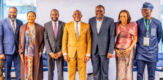 L-R: Khalil Suleiman Halilu, EVC/CEO, National Agency for Science and Engineering Infrastructure (NASENI); Engr. Abisoye Coker-Odusote, DG/CEO, National Identity Management Commission (NIMC); Kashifu Inuwa Abdullahi, DG/CEO, National Information Technology Development Agency (NITDA); Dr Maruf Tunji Alausa, Hon Minister of Education; Senator Ibrahim Hassan Hadejia, Deputy Chief of Staff to the President (representing Vice President Shettima); Dr Jumoke Oduwole, Hon Minister of Industry, Trade and Investment; and Dr Emomotimi Agama, DG, Securities and Exchange Commission (SEC); at the global launch of the Hire from Nigeria campaign in New York on 24 Sept 2026.