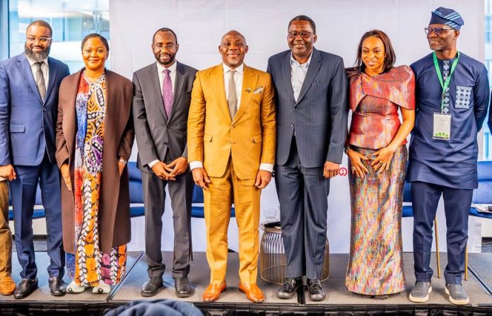 L-R: Khalil Suleiman Halilu, EVC/CEO, National Agency for Science and Engineering Infrastructure (NASENI); Engr. Abisoye Coker-Odusote, DG/CEO, National Identity Management Commission (NIMC); Kashifu Inuwa Abdullahi, DG/CEO, National Information Technology Development Agency (NITDA); Dr Maruf Tunji Alausa, Hon Minister of Education; Senator Ibrahim Hassan Hadejia, Deputy Chief of Staff to the President (representing Vice President Shettima); Dr Jumoke Oduwole, Hon Minister of Industry, Trade and Investment; and Dr Emomotimi Agama, DG, Securities and Exchange Commission (SEC); at the global launch of the Hire from Nigeria campaign in New York on 24 Sept 2026.