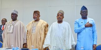 L-R, the Minister of State for Agriculture and Food Security, Sen. Dr. Aliyu Sabi Abdullahi, Minister of Agriculture and Food Security, Sen Abubakar Kyari , Minister of Budget and National Planning, Abubakar Atiku Bagudu and other stakeholders during the National Strategic Dialogue on AGROW Subcomponent 2.2 .