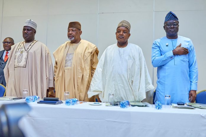IMG-20260930-WA0003 L-R, the Minister of State for Agriculture and Food Security, Sen. Dr. Aliyu Sabi Abdullahi, Minister of Agriculture and Food Security, Sen Abubakar Kyari , Minister of Budget and National Planning, Abubakar Atiku Bagudu and other stakeholders during the National Strategic Dialogue on AGROW Subcomponent 2.2 .