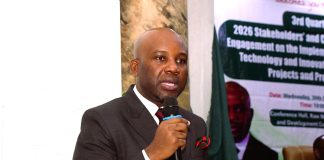 Hon. Minister of Innovation, Science and Technology Dr. Kingsley Tochukwu Udeh, SAN, delivering his speech at the 3rd Quarter 2026 Stakeholders’ and Citizens Ministerial Engagement on the Implementation of Science, Technology and Innovation (STI) Policies, Projects and Programmes today in Abuja.
