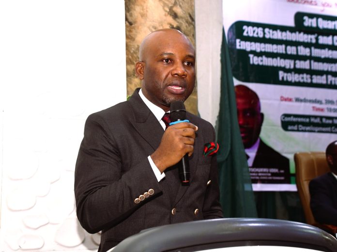 Hon. Minister of Innovation, Science and Technology Dr. Kingsley Tochukwu Udeh, SAN, delivering his speech at the 3rd Quarter 2026 Stakeholders’ and Citizens Ministerial Engagement on the Implementation of Science, Technology and Innovation (STI) Policies, Projects and Programmes today in Abuja.