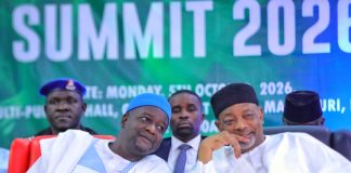 The Representative of the Governor of Borno State, Deputy Governor, Hon. Usman Kadafur, Minister of Agriculture and Food Security, Sen Abubakar Kyari and other stakeholders during the Community of Practice Meeting held in Maiduguri, Borno State
