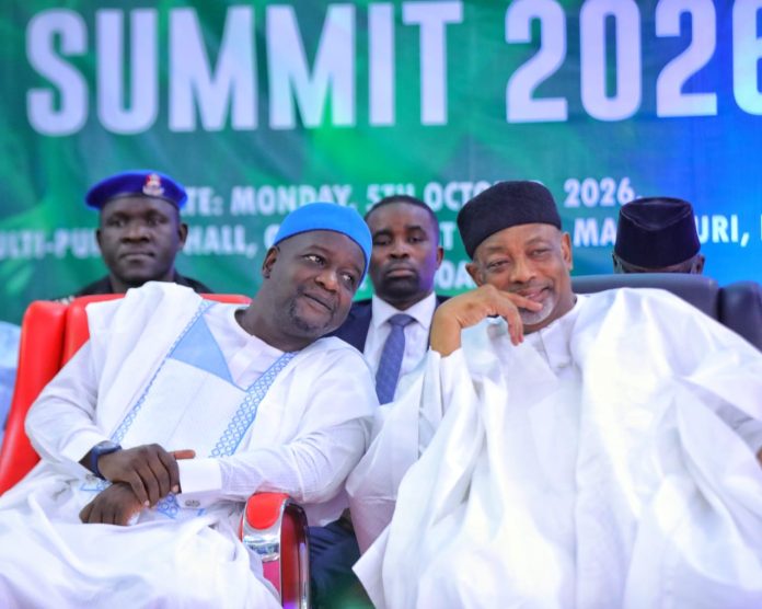 The Representative of the Governor of Borno State, Deputy Governor, Hon. Usman Kadafur, Minister of Agriculture and Food Security, Sen Abubakar Kyari and other stakeholders during the Community of Practice Meeting held in Maiduguri, Borno State