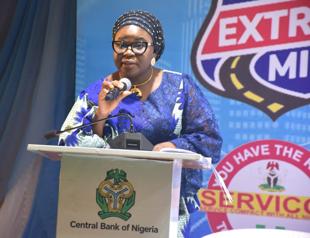 The Ag. National Coordinator/CEO of the SERVICOM Office, Mrs. Helen Lawal delivering her keynote address during the celebration of the 2026 Customer Service Week at the Central Bank of Nigeria Headquarters in Abuja.