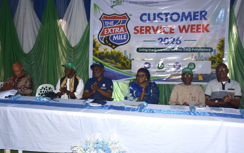 The Ag. National Coordinator/CEO of the SERVICOM Office, Mrs. Helen Lawal celebrating the Customer Service Week with management staff and stakeholders of the Pension Transitional Arrangement Directorate (PTAD) on 5th October, 2026 in Abuja.