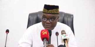 The Honourable Minister of Police Affairs Sen. Dr. Ibrahim Gaidam represented by the Permanent Secretary,Police Affairs Dr. Ogbonnaya Anuma Nlia addressing members of Police Retired Officers Forum ( PROF)in the Ministry during their visit to the Honourable Minister.