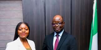R-L Hon. Minister of Humanitarian Affairs and Poverty Reduction. Dr. Bernard M. Doro and Hon. Bridget Anne Afor. Sweden Rep. at the European Union Committee of the Regions, when she paid a courtesy visit to the minister in his office.