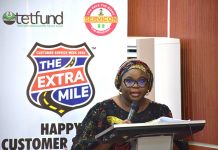 Ag. National Coordinator/CEO of the SERVICOM Office, Mrs. Helen Lawal delivering her Keynote Address during her tour of the 2026 International Customer Service Week at the Tertiary Education Trust Fund (TETFund) on 7th October, 2026 in Abuja.