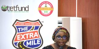 Ag. National Coordinator/CEO of the SERVICOM Office, Mrs. Helen Lawal delivering her Keynote Address during her tour of the 2026 International Customer Service Week at the Tertiary Education Trust Fund (TETFund) on 7th October, 2026 in Abuja.