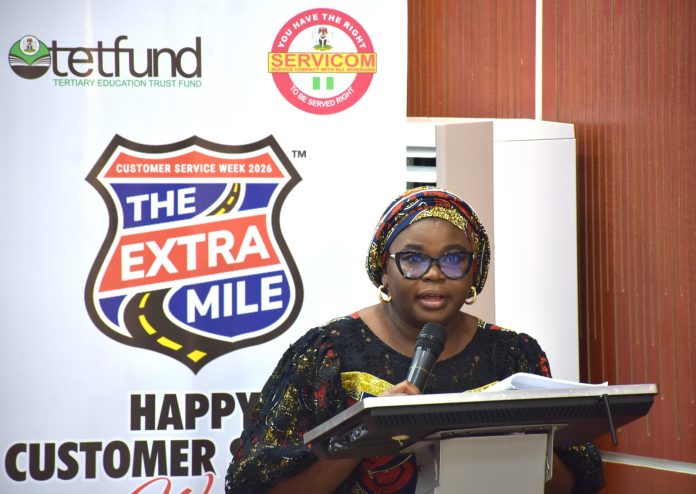 Ag. National Coordinator/CEO of the SERVICOM Office, Mrs. Helen Lawal delivering her Keynote Address during her tour of the 2026 International Customer Service Week at the Tertiary Education Trust Fund (TETFund) on 7th October, 2026 in Abuja.