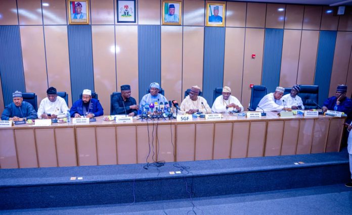*NORTH CENTRAL GRASSROOTS MOBILISATION NETWORK FOR TINUBU AND SHETTIMA RE-ELECTION* (L–R) Honourable Minister of Information and National Orientation, Mohammed Idris, fnipr; Deputy Governor of Benue State, Barr. Sam Ode, mni; Governor of Niger State, Mohammed Umaru Bago; APC National Chairman, Prof. Nentawe Yilwatda; Secretary to the Government of the Federation, Senator George Akume, CON; Governor of Nasarawa State, Engr. Abdullahi A. Sule; and other dignitaries, including Deputy Governor of Nasarawa State, Dr. Emmanuel Akabe, and Permanent Secretary, General Services Office, Office of the Secretary to the Government of the Federation, Dr. Ibrahim Abubakar Kana, mni, during the North Central Grassroots Mobilisation Network for Tinubu and Shettima Re-election event on October 8, 2026, in Abuja. Photo: Khalid Ahmed/FMINO.
