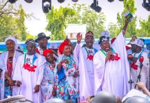 (Right) Secretary to the Government of the Federation, Sen. George Akume, CON, rallying support for President Bola Ahmed Tinubu/ Vice President Kashim Shettima's re-election at North-Central Region APC Grand Rally in Lafia, Nasarawa State on Saturday, 10th October, 2026.