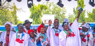 (Right) Secretary to the Government of the Federation, Sen. George Akume, CON, rallying support for President Bola Ahmed Tinubu/ Vice President Kashim Shettima's re-election at North-Central Region APC Grand Rally in Lafia, Nasarawa State on Saturday, 10th October, 2026.