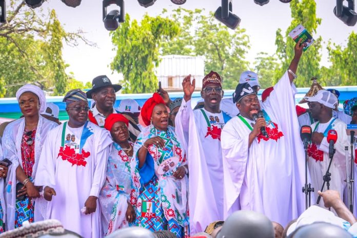 (Right) Secretary to the Government of the Federation, Sen. George Akume, CON, rallying support for President Bola Ahmed Tinubu/ Vice President Kashim Shettima's re-election at North-Central Region APC Grand Rally in Lafia, Nasarawa State on Saturday, 10th October, 2026.
