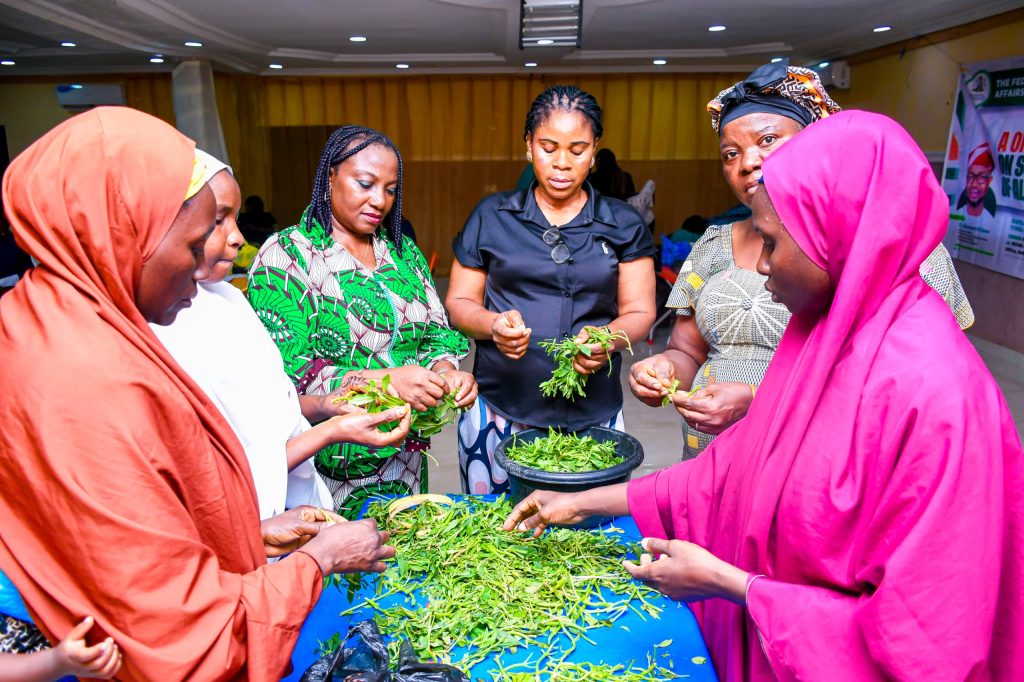 Teaching the women how to use local products for meals for children's nutrition during the scale up feeding for all pupils training in Sulaija. Niger State.