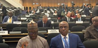 L-R: HM Dr. Bernard M. The Honourable Minister of Humanitarian Affairs and Poverty Reduction, Dr. Bernard M.Doro, alongside Amb. Innocent A. Iwejuo, Nigeria's Permanent Representative in Geneva, ahead of delivering Nigeria's National Statement at the 77th Session of UNHCR's Executive Committee (ExCom).