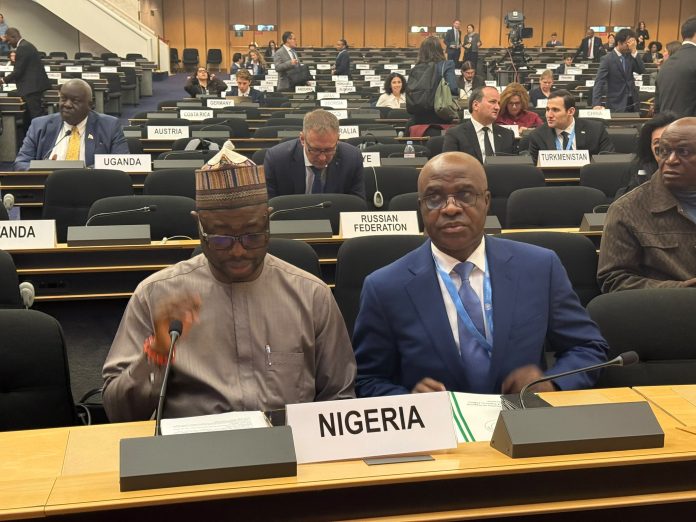 L-R: HM Dr. Bernard M. The Honourable Minister of Humanitarian Affairs and Poverty Reduction, Dr. Bernard M.Doro, alongside Amb. Innocent A. Iwejuo, Nigeria's Permanent Representative in Geneva, ahead of delivering Nigeria's National Statement at the 77th Session of UNHCR's Executive Committee (ExCom).