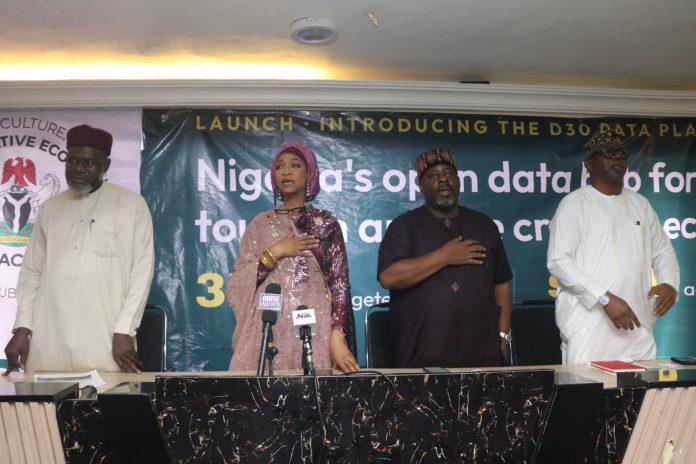 L–R: Abdulkarim Ozi Ibrahim, Permanent Secretary, Federal Ministry of Art, Culture, Tourism and the Creative Economy; Hon. Hannatu Musa Musawa, Honourable Minister of Art, Culture, Tourism and the Creative Economy; Imran Garba Duba, Special Adviser to the President on Partnerships and Innovation; Obi Asika, Director General, National Council for Arts and Culture (NCAC); and Olumide Olayomi, Vice President, Cavista Holdings, at the official launch of the D30 Data Platform today in Abuja.