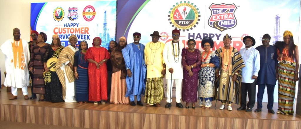 R-L; Ag. National Coordinator/CEO of the SERVICOM Office, Mrs. Helen Lawal (6th) in a group photograph with the Management and stakeholders of the Petroleum Technology Development Fund (PTDF), during the Fund celebration of the 2026 Customer Service Week on 13th, October, 2026 in Abuja.