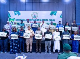*FLAG-OFF OF NATIONWIDE GRASSROOTS MOBILISATION FOR THE 2027 GENERAL ELECTION* The Honourable Minister of Information and National Orientation, Mohammed Idris, fnipr, alongside the Director-General of the National Orientation Agency (NOA), the Chairman of the Independent National Electoral Commission (INEC), Professor Joash Ojo Amupitan, SAN and other dignitaries, during the flag-off of the Nationwide Grassroots Mobilisation for the 2027 General Election on October 15, 2026, in Abuja. Photo: Khalid Ahmed/FMINO.