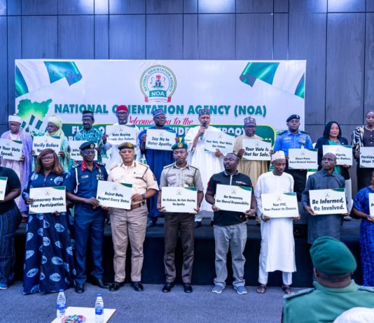 *FLAG-OFF OF NATIONWIDE GRASSROOTS MOBILISATION FOR THE 2027 GENERAL ELECTION* The Honourable Minister of Information and National Orientation, Mohammed Idris, fnipr, alongside the Director-General of the National Orientation Agency (NOA), the Chairman of the Independent National Electoral Commission (INEC), Professor Joash Ojo Amupitan, SAN and other dignitaries, during the flag-off of the Nationwide Grassroots Mobilisation for the 2027 General Election on October 15, 2026, in Abuja. Photo: Khalid Ahmed/FMINO.