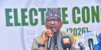 Chairman, National Sports Commission (NSC), Mallam Shehu Dikko, delivering his keynote address at the Nigeria Basketball Federation (NBBF) Elective Congress (2026) held at the Bola Ahmed Tinubu International Conference Centre, Abuja