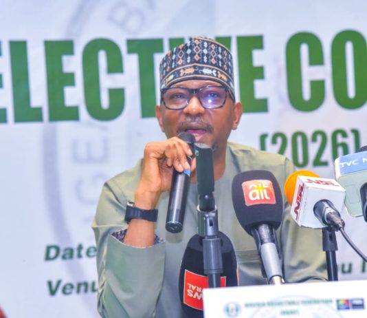 Chairman, National Sports Commission (NSC), Mallam Shehu Dikko, delivering his keynote address at the Nigeria Basketball Federation (NBBF) Elective Congress (2026) held at the Bola Ahmed Tinubu International Conference Centre, Abuja
