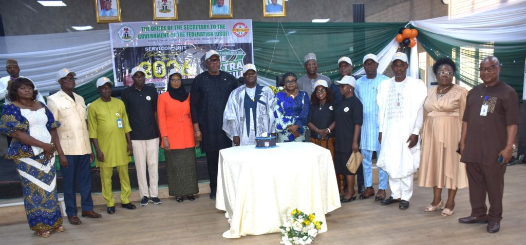 Permanent Secretary of the General Services Office, Dr. Ibrahim Abubakar Kana, mni, and Ag. National Coordinator/CEO of the SERVICOM Office, Mrs. Helen Lawal in a group Photograph with directors, management, dignitaries and stakeholders during the celebration of 2026 Customer Service Week at the OSGF in Abuja on 20th October, 2026.
