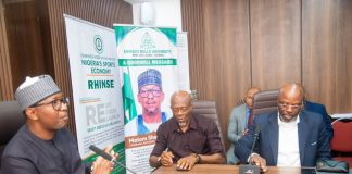 Chairman, National Sports Commission, Mallam Shehu Dikko left, Acting Director-General of NFF, Dr. Emmanuel Ekpeme and Dr. Christian Emeruwa, Project led of CAF during their visit to NSC Chairman in his office on Tuesday.