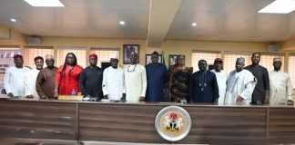 Members of the Indices and Disbursement Committee and the delegation from Anambra State during the presentation at the Commission’s Headquarters in Abuja.