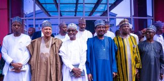 *LAUNCH OF MEDIA TRUST AI-POWERED CONVERGED NEWSROOM* (L–R) The Director-General of the News Agency of Nigeria (NAN), Ali M. Ali; the Honourable Minister of Information and National Orientation, Mohammed Idris, fnipr; Chairman of Media Trust Group, Kabiru Yusuf; the Deputy President of the Senate, Senator Barau I. Jibrin, CFR; the Deputy Governor of Gombe State, Dr. Manassah Daniel Jatau; and the Group Chief Executive Officer of Media Trust Group, Mallam Ibrahim Shekarau, during the launch of Media Trust’s AI-powered Converged Newsroom on October 22, 2026, in Abuja. Photo: Khalid Ahmed/FMINO.