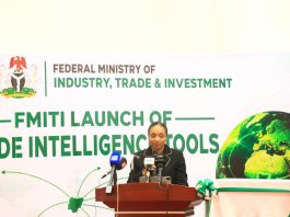 The Hon. Min. FMITI, Dr Jumoke Oduwole MFR delivering her speech during the FMITI Launch of Trade Intelligence Tools, in Abuja on Thursday 22/10/26.