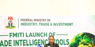 The Hon. Min. FMITI, Dr Jumoke Oduwole MFR delivering her speech during the FMITI Launch of Trade Intelligence Tools, in Abuja on Thursday 22/10/26.
