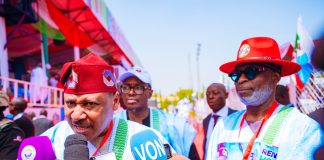 *APC 2027 PRESIDENTIAL CAMPAIGN FLAG-OFF MEGA RALLY* (L–R) The Honourable Minister of Information and National Orientation, Mohammed Idris, fnipr, and the Honourable Minister of Solid Minerals Development, Dr. Dele Alake, answering field questions from journalists during the APC 2027 Presidential Campaign Flag-Off Mega Rally on October 24, 2026, in Kaduna State. Photo: Khalid Ahmed/FMINO.